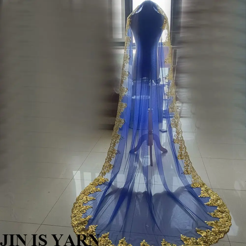 New Royal Blue Red 3 Meters 3.5M new 4M 5M Bling Sequins Gold Lace Long Cathedral 2025 Wedding Veil Colorful Bridal Veil with Comb
