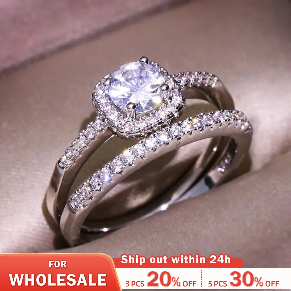 2pcs Luxury Geometric Big Clear AAA CZ Cubic Zirconia Decor Silver Color Ring For Women Multipack Wedding Jewelry Gift