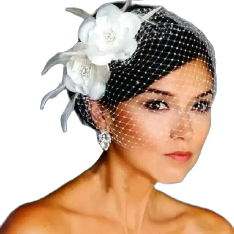 BirdeCage hat Wedding Veil Birdcage Veil new 2025 Netting Face Short Feather Flower White Fascinator Bride Hats with Veil