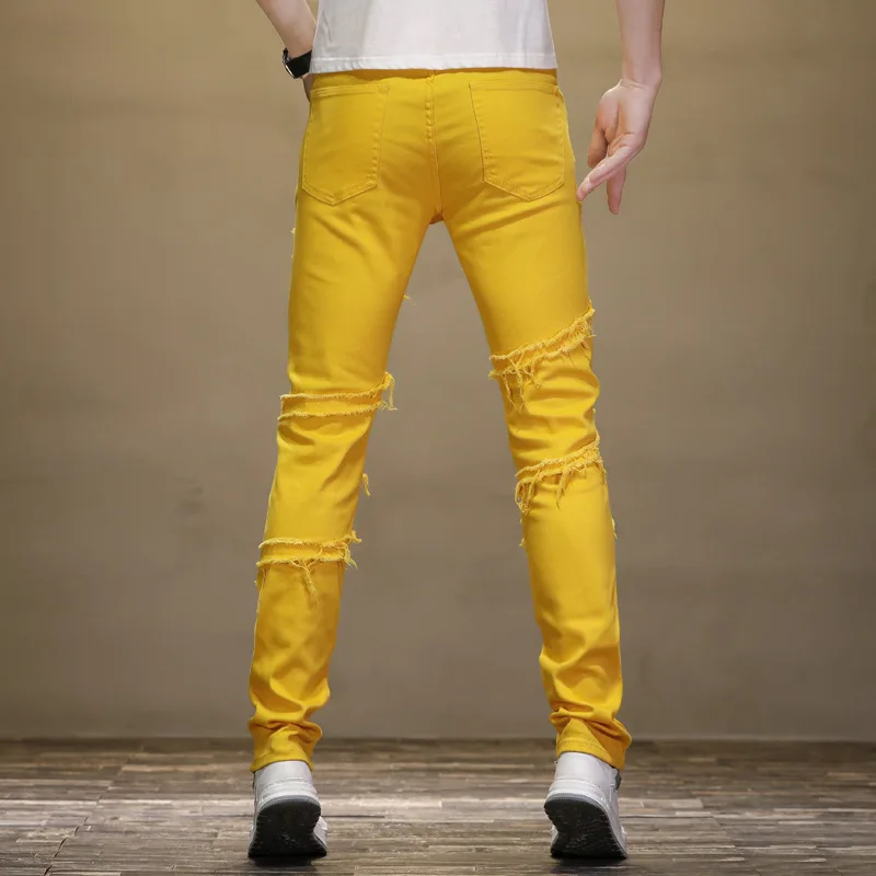 2023 Summer New Men's Stitching Ripped Jeans Yellow Casual Pants Slim Elastic Mid-Waist Small Foot Pants Street Wear