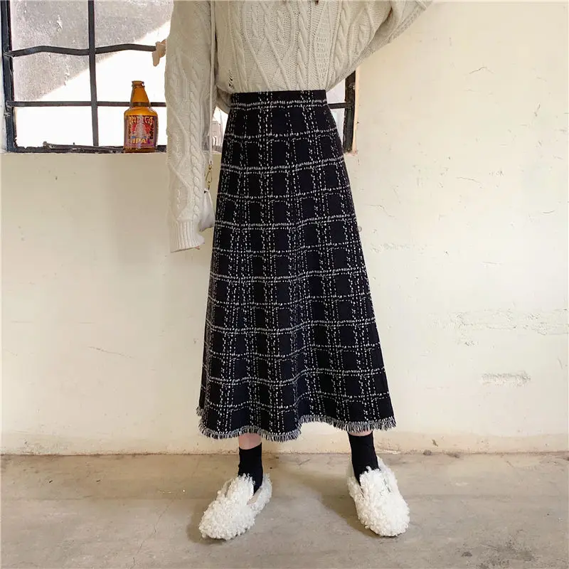 Korejepo Sweet Knitted Skirt Women Autumn Winter New A line Black Skirts Mid Length Umbrella Student Gentle Bottoms