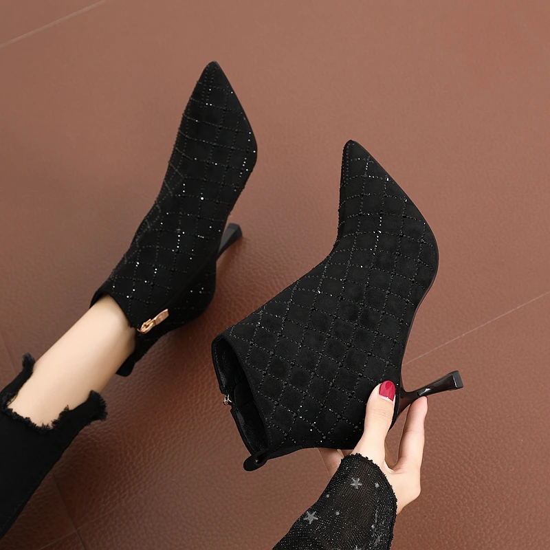 Shoe Women's Autumn Boots Heeled Shoes Botins Luxury Brand Woman Stripper Heels Vintage Sexy Rhinestone Ankle 2022 Free Shipping