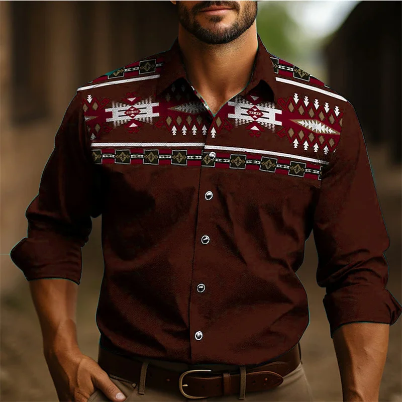 Men's Western Style New Long Sleeve Blouse Men Slim Shirt Social Wear Ethnic Retro Tribal Clothing Male Camisas ddmysmile Casuais Dress Smile