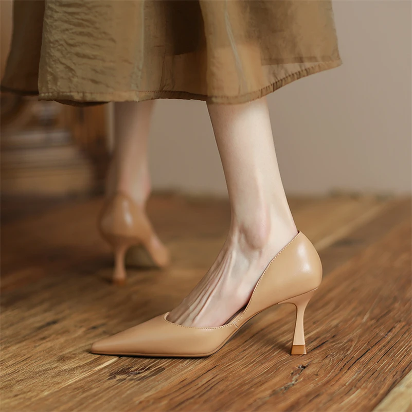 Meotina Women Two-Piece Shoes Genuine Leather High Heel Pointed Toe Pumps Thin Heels Kid Suede Shoes Ladies Autumn Beige 33-40