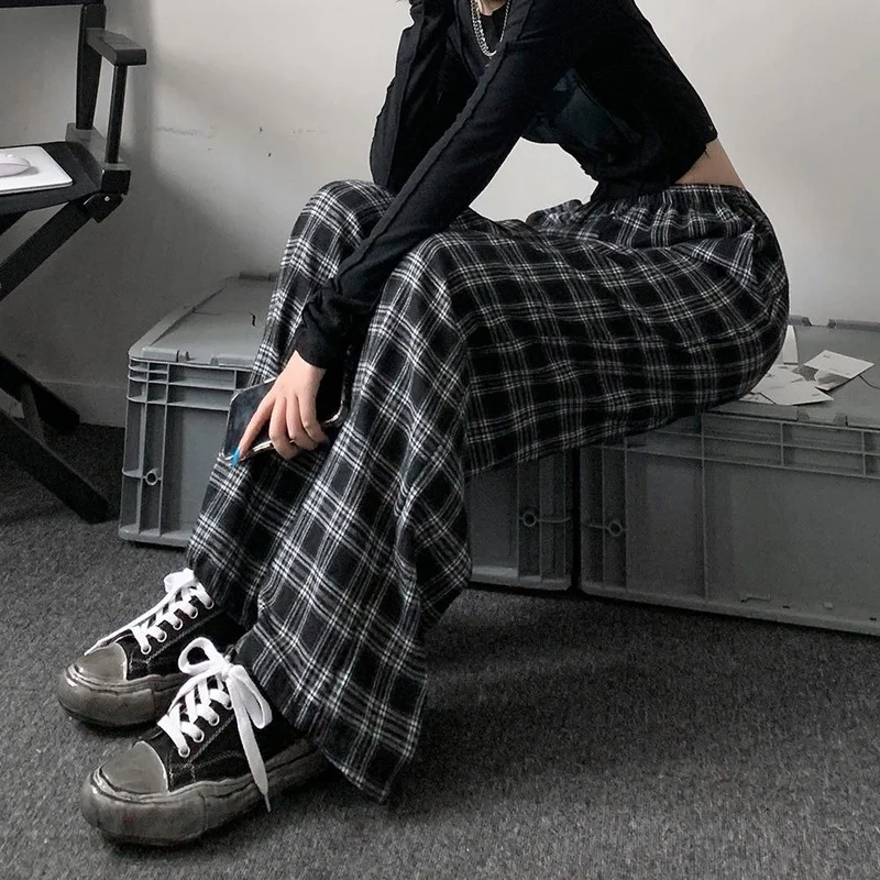 Harajuku High Waisted Plaid Pants Women Korean Style Oversized Wide Checkered Trousers For Female Drawstring Sweatpants