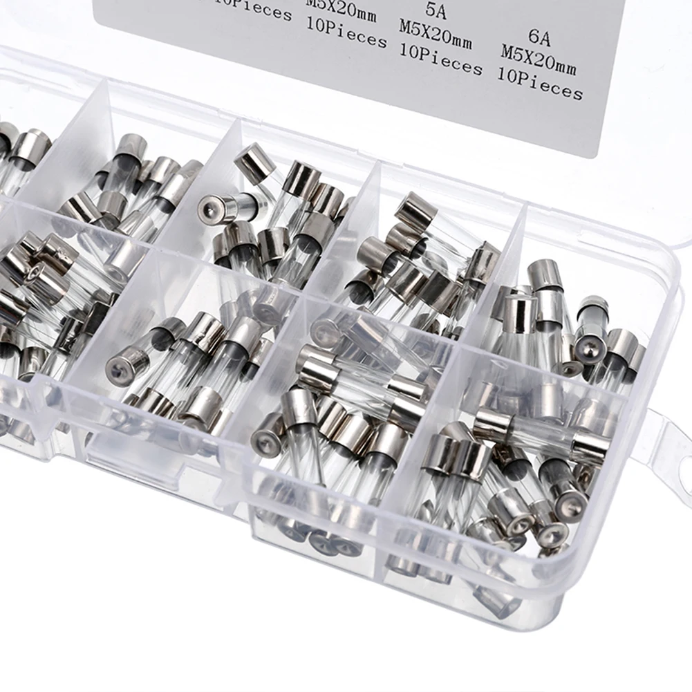 100Pcs Glass Tube Fuse Assorted Kit 5 * 20MM Fast Acting Glass Fuse Amp 0.2A-20A Glass Fuse Assortment Pack with Storage Box