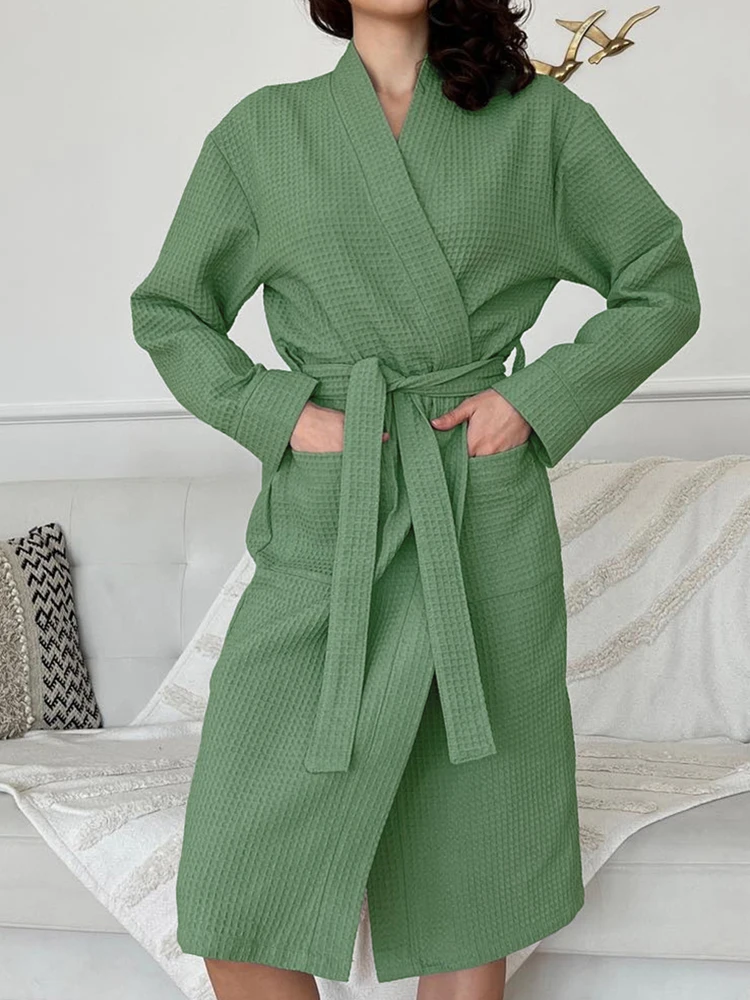 Linad Loose Robes For Women Long Sleeve V Neck Sleepwear Sashes Casual Bathrobe Female Autumn Nightwear Solid Pamas