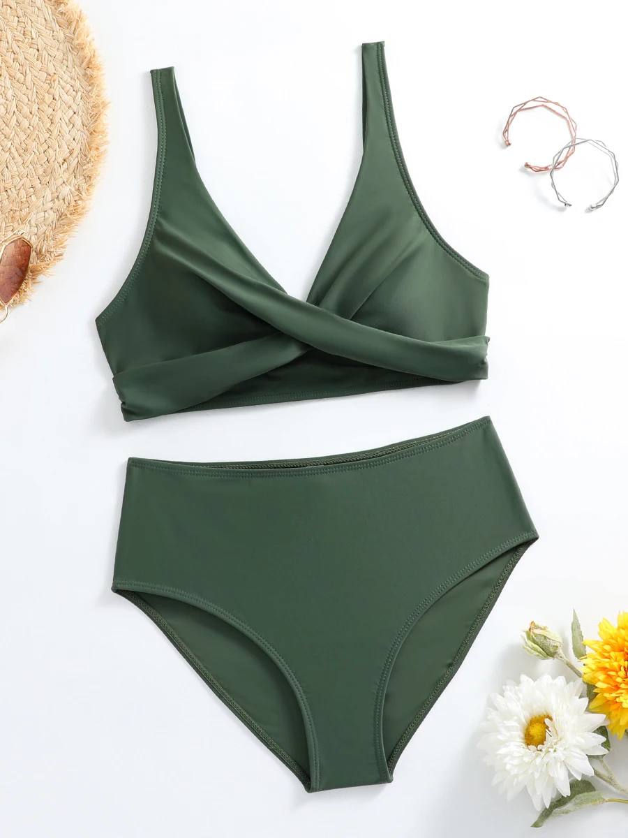 V-neck Bikinis 2023 Women Vintage Swimsuit High Waist Solid Swimwear Female Sexy Bathers Bathing Swimming Swim Suit Beachwear