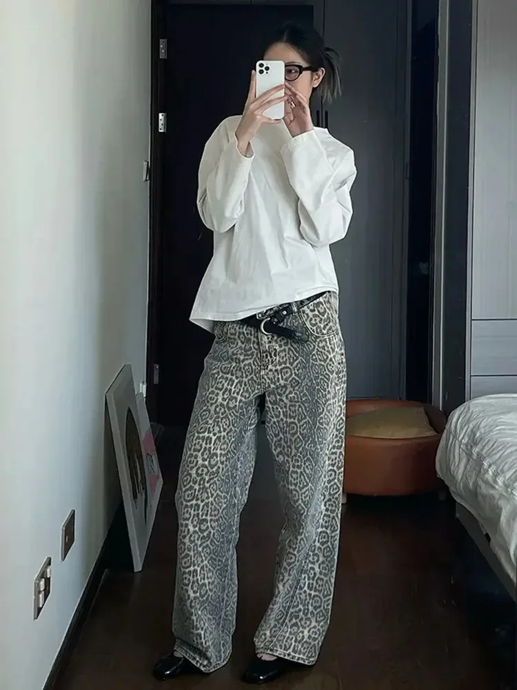 JRJL Leopard Print Jeans Woman Y2k Retro Street American Wide Leg Korean Style Wash Denim Pants Casual High Waist Baggy Jeans