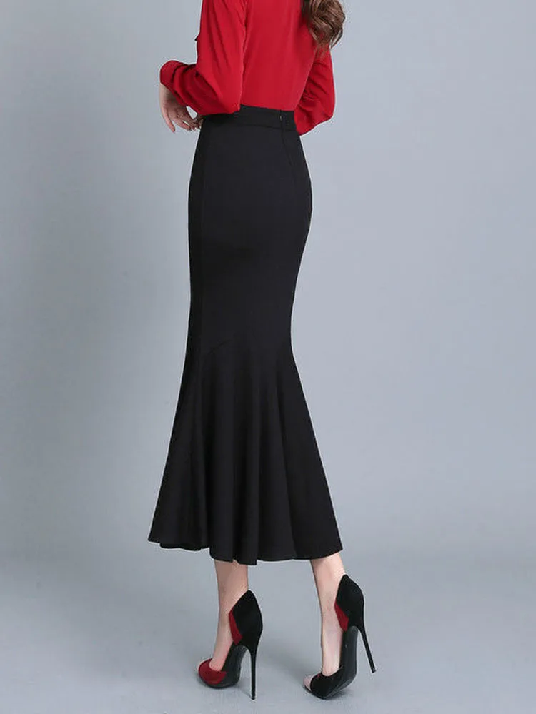 FairyShely 2024 Summer 2025 Mermaid Black Skirt For Women High new Waist Long Skirts Korean Sexy Midi Pleated Office Lady Skirt