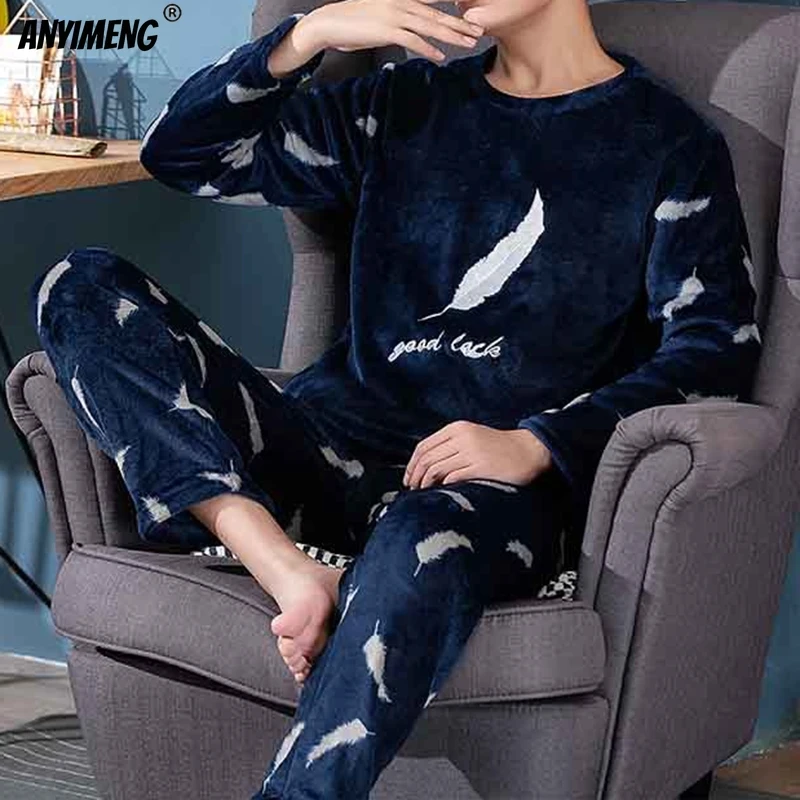 Winter Mens Pajamas Sets Soft Velvet Thermal Sleepwear 2 Pieces Set Flannel Pijamas for Men Casual Long Sleeves Fluffy Homesuits
