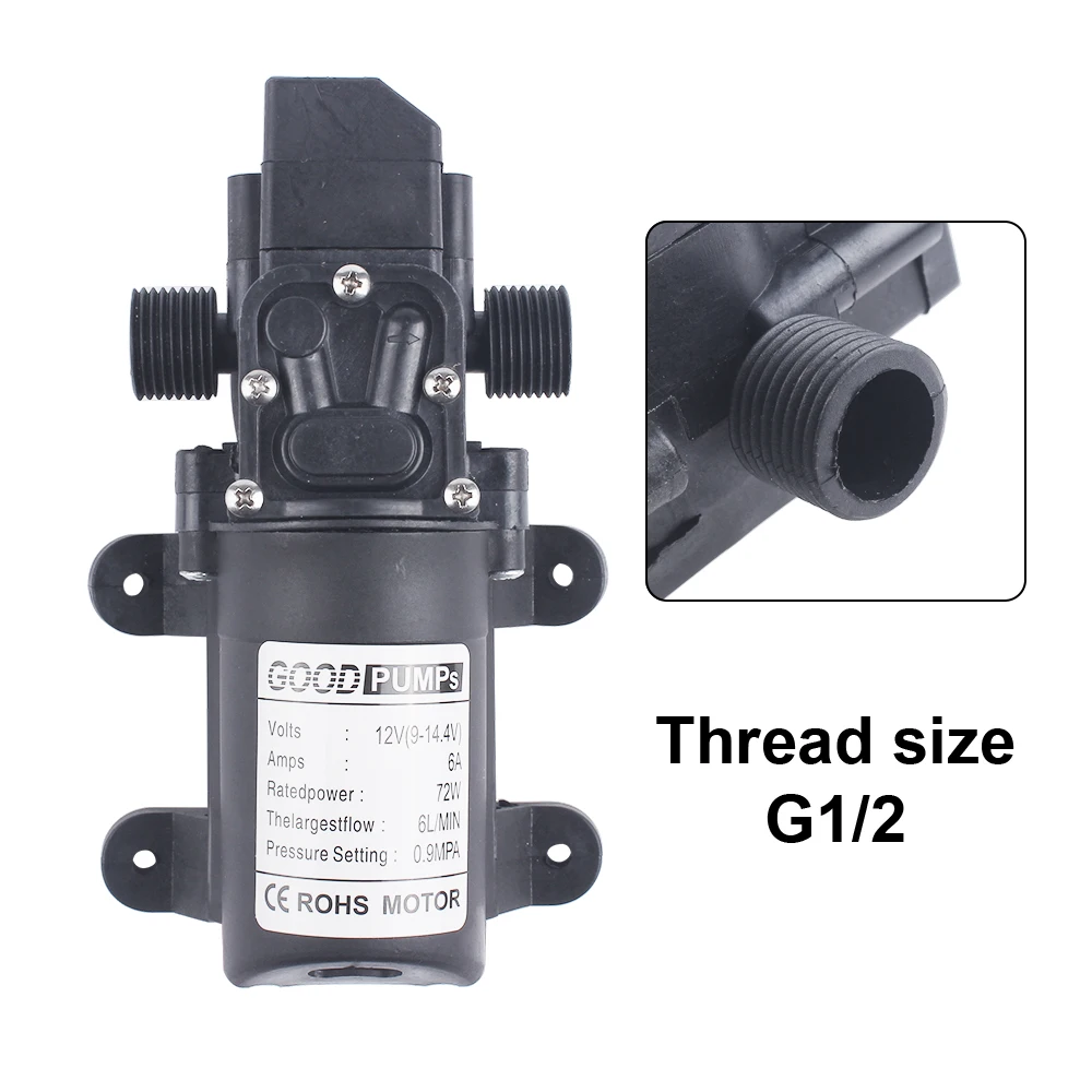 DC 12V 130PSI 6L/Min G1/2 Water High Pressure Diaphragm Self Priming Pump 70W for car cleaning Smart switch inside