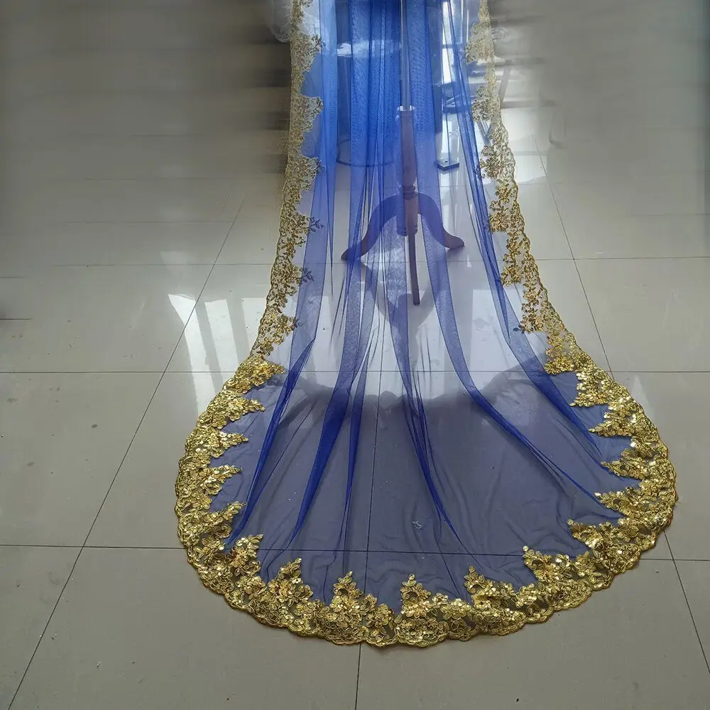 New Royal Blue Red 3 Meters 3.5M new 4M 5M Bling Sequins Gold Lace Long Cathedral 2025 Wedding Veil Colorful Bridal Veil with Comb