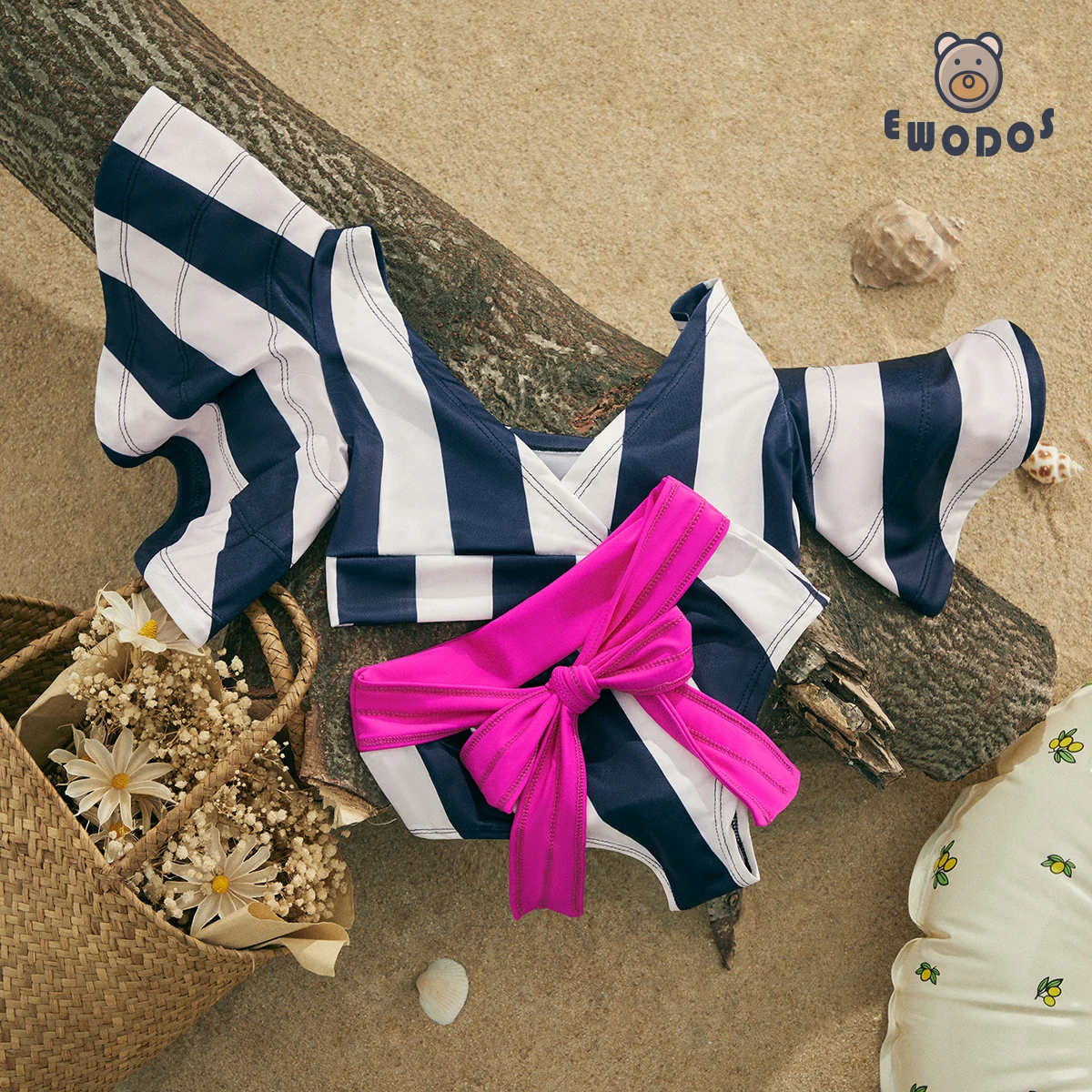 EWODOS 1-6 Years Toddler Baby Girl 2PCS Ruffles Sleeve Swimwear Bikini Sets Summer Floral/Striped Print Swimsuit Kids Bikini Set