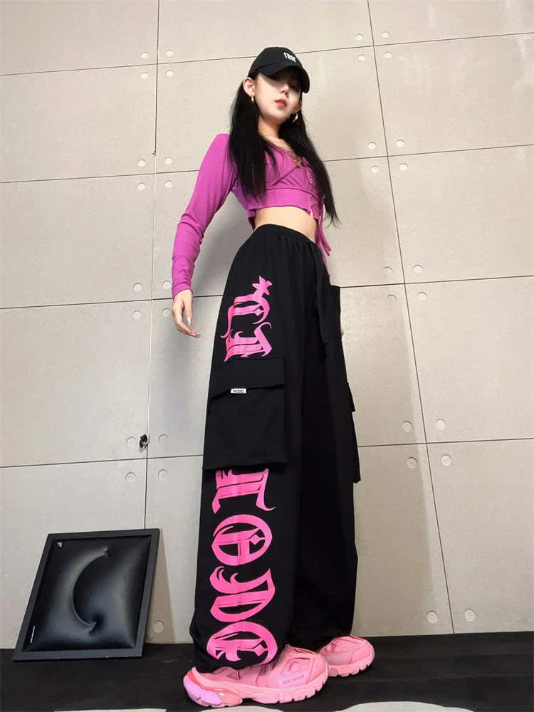 QWEEK Y2K Korean Style Jogging Sweatpants Women Streetwear Kpop Letter Print Cargo 2025 new Pants Oversize Haruku Egirl Sports Trousers