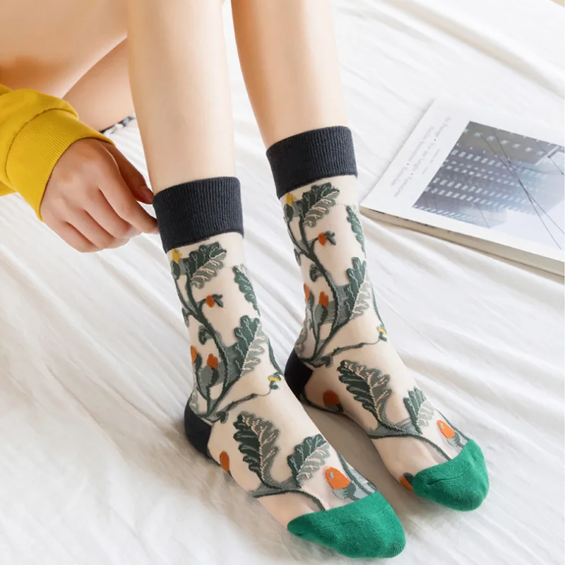 Ultra-thin Transparent Crystal Silk Socks Women Summer Creative Floral Retro Elastic Silk Trend Print Ultrathin Glass Silk Socks