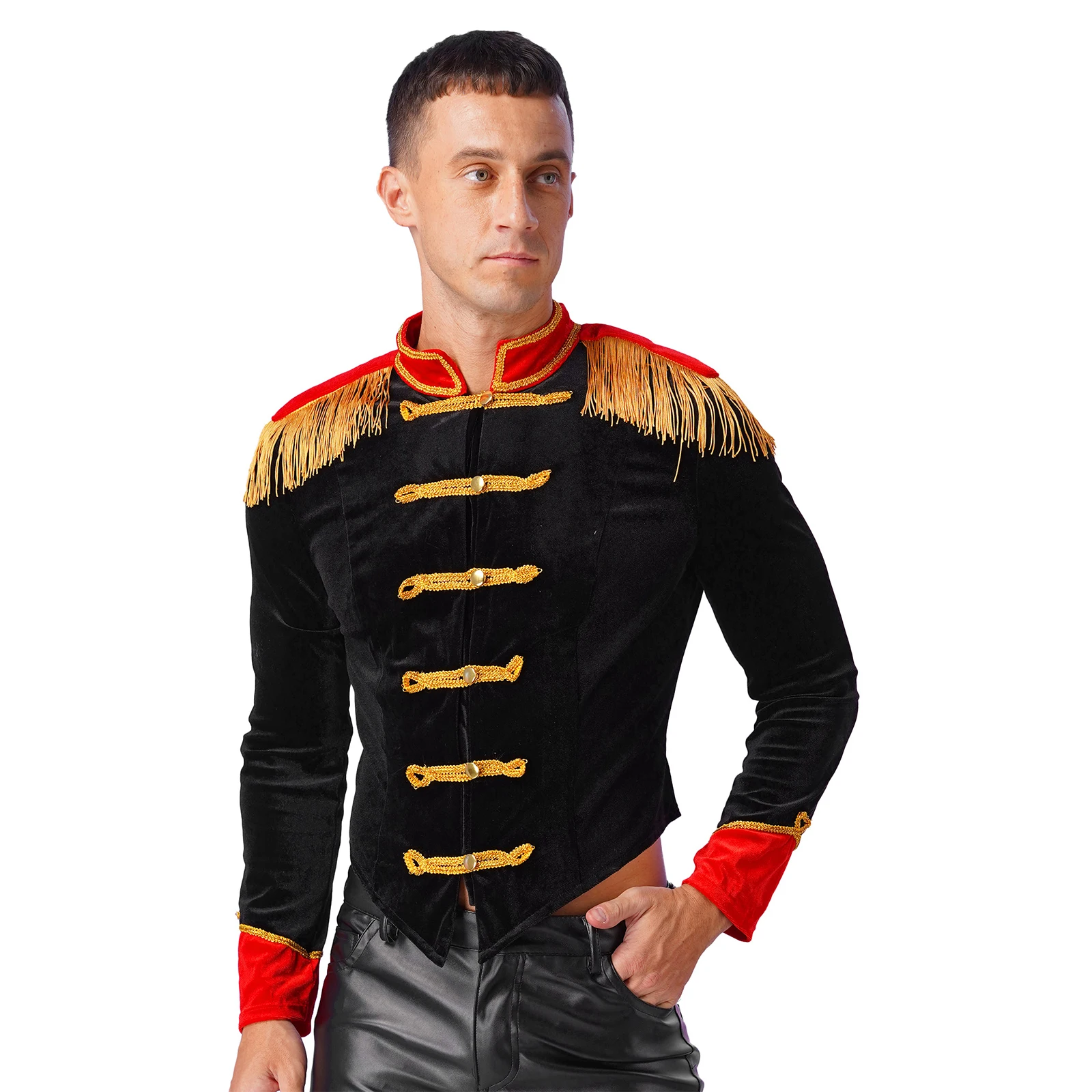 Mens Circus Ringmaster Roleplay Costume Halloween Circus Cosplay Costume Stand Collar Fringed Shoulder Board Velvet Jacket Coat
