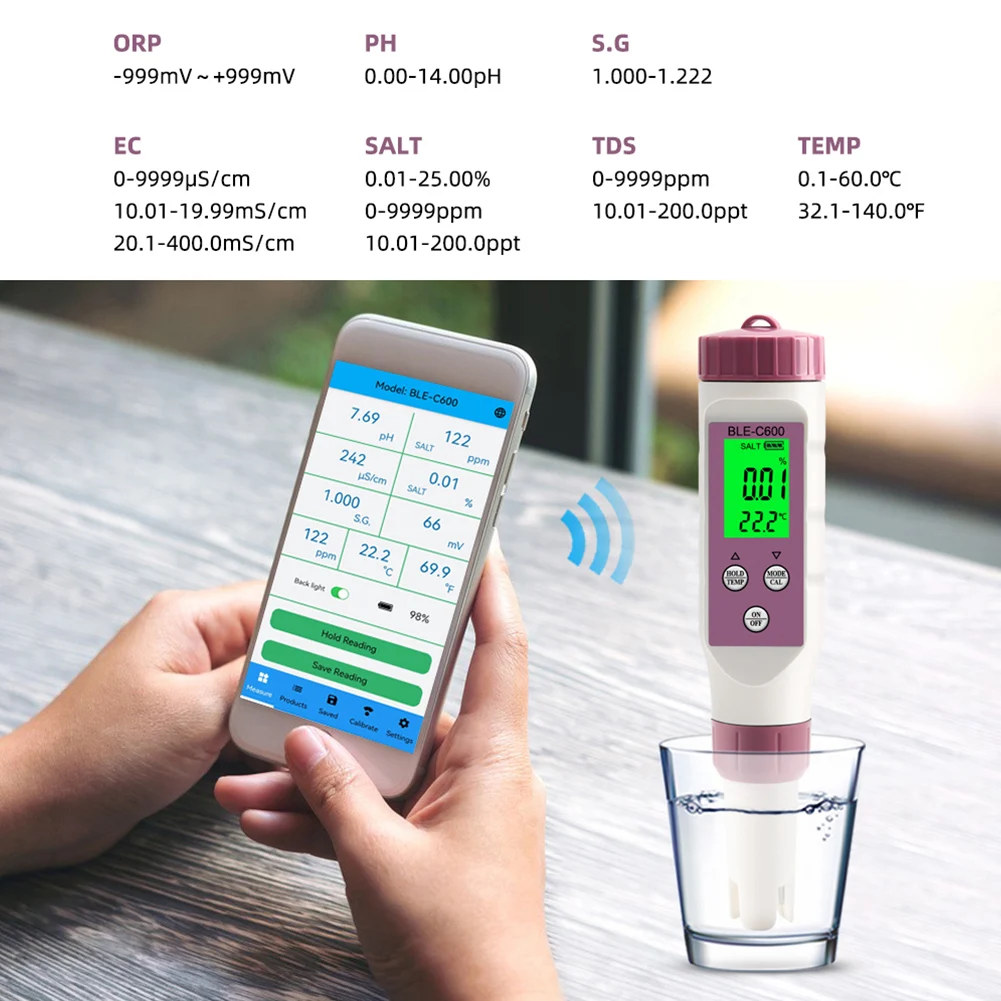 7 in 1 PH TDS Meter Bluetooth-Compatible Temp/ORP/EC/TDS/Salinity/S.G /PH Tester APP Control for Aquarium Water Quality Tester