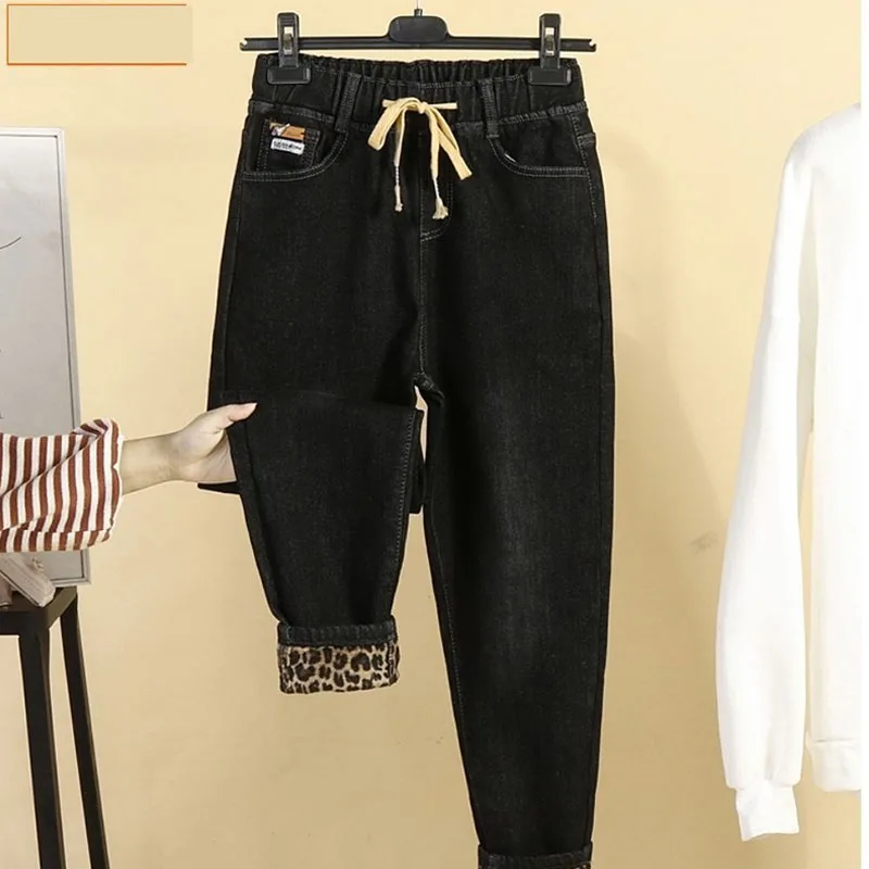 6XL Women's Thicken Velvet Denim Pants For Fat Sister Jeans Female's Winter Elastic High Waist Jeans Mother Jeans Autumn