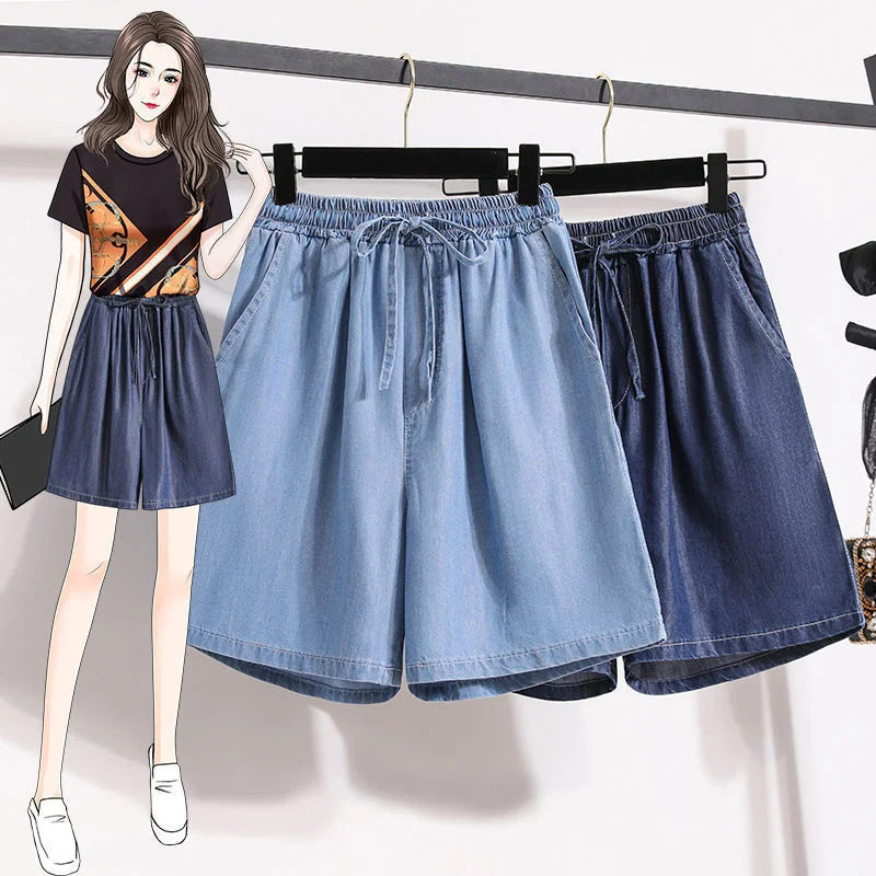 Tencel Shorts Children's Denim Summer New Thin Ice Silk Casual Five Point Loose Wide Leg High Waist A-shaped Hot Pants Large smile