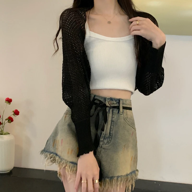 Women's Open new Front Knit Cardigan Long 2025 Sleeve Hollow Out Solid Color Loose Crop Tops