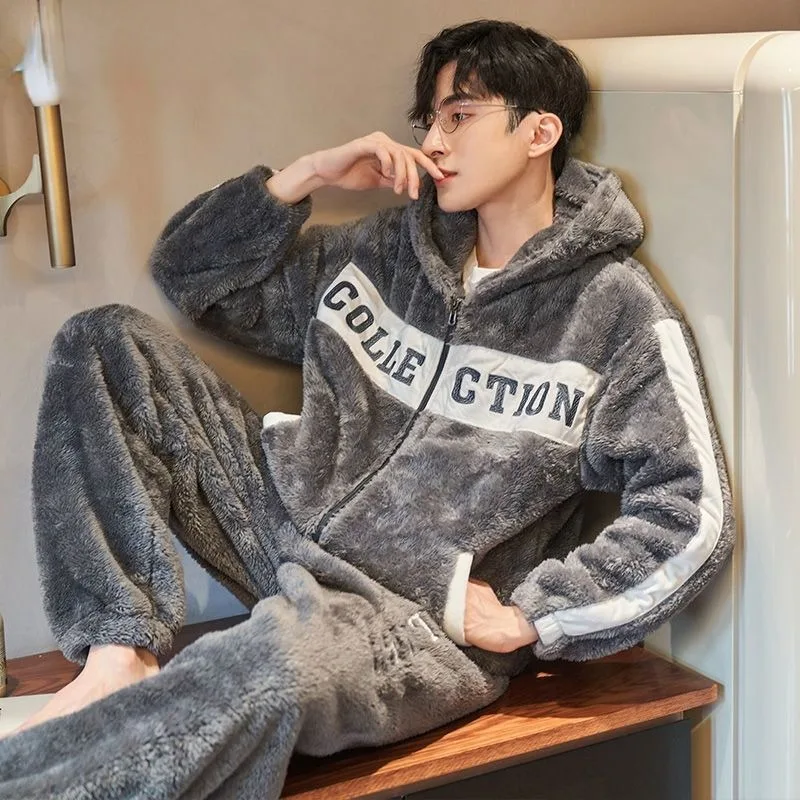 2023 New Men Pajamas Autumn Winter Coral Velvet Padded Hooded Loungewear Warm Flannel Cotton-padded Jacket Homewear Suit