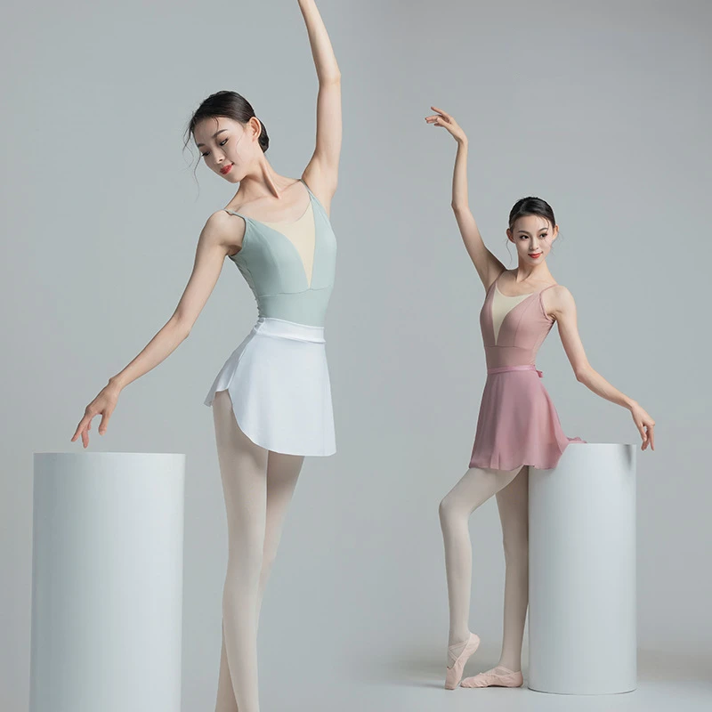 Elegant High Cross Ballet Gymnastics Leotards With U-shaped Open Back Mesh Fishtail Spliced Collar Swan Dance Stage Performance
