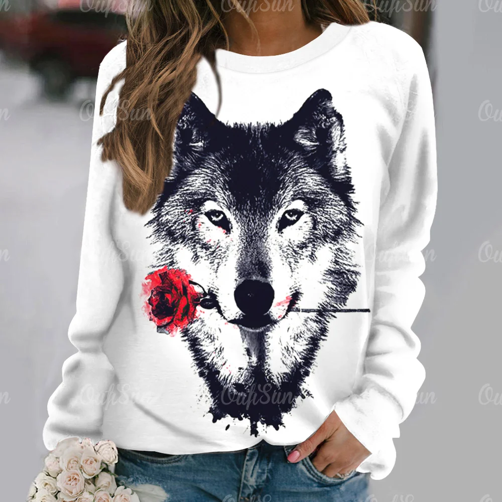 Women's T-Shirt 3D Wolf 2025 Print T Shirts for new Women O Neck Streetwear Ladies Sweater Autumn 2024 New Long Sleeve Pullover Clothes