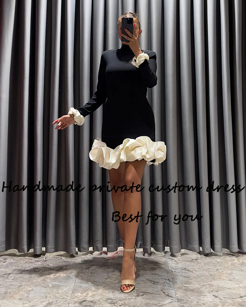 Black White Satin Mermaid Evening Dresses Long Sleeve High Neck Arabic Dubai Formal Gowns Above Knee Prom Party Gown