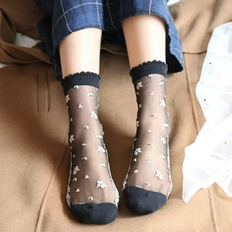 Flower Socks Summer Translucent ddmysmile Women Ultra-Thin Ankle Socks Girl 'S Silk Elastic Mesh Japanese Style Jacquard Short Sockings Smile �