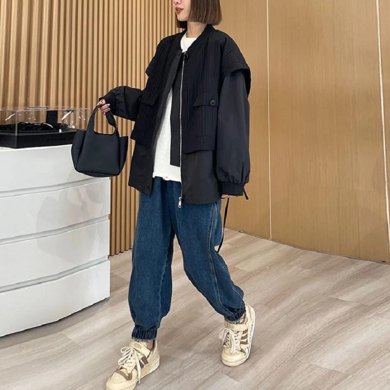 Loose Drawstring Fake Two-piece Coat Women's Spring And Autumn 2023 New Splicing new Long-sleeved 2025 Zippered Trench Coat