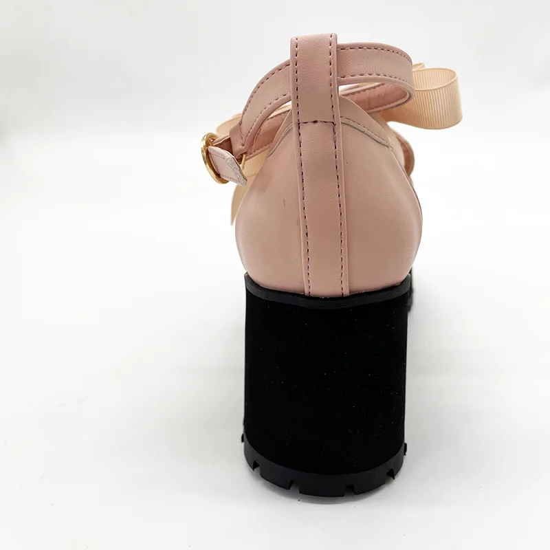 Japanese Spring and Autumn Heart Rhinestone Buckle Round Head Chunky Heel Women's High Heel Patent Leather Pump Shoes