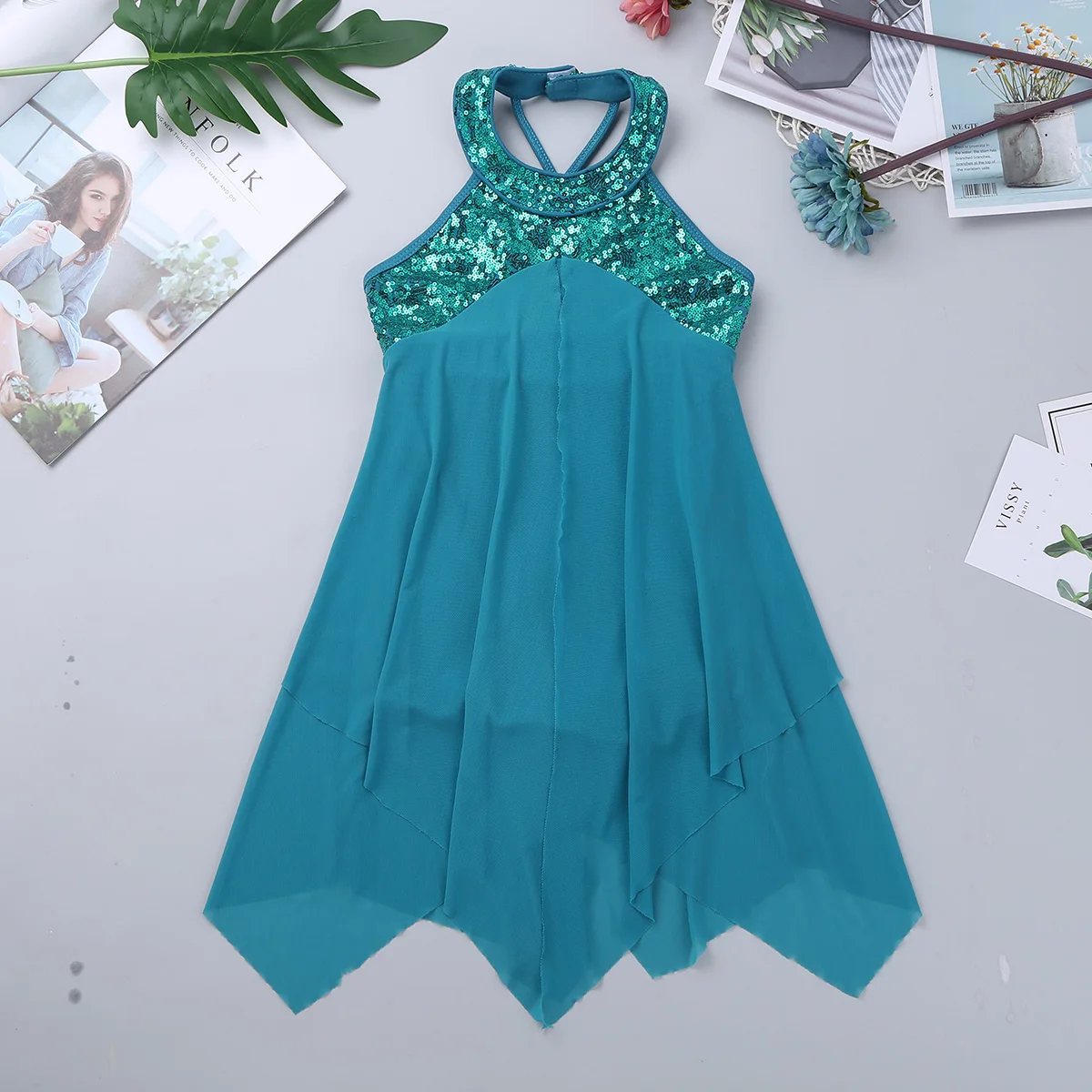 Sequined Halterneck Kids Girls Criss Cross Back Ballet Leotard Lyrical Modern Contemporary Ballroom Dance Dress smile