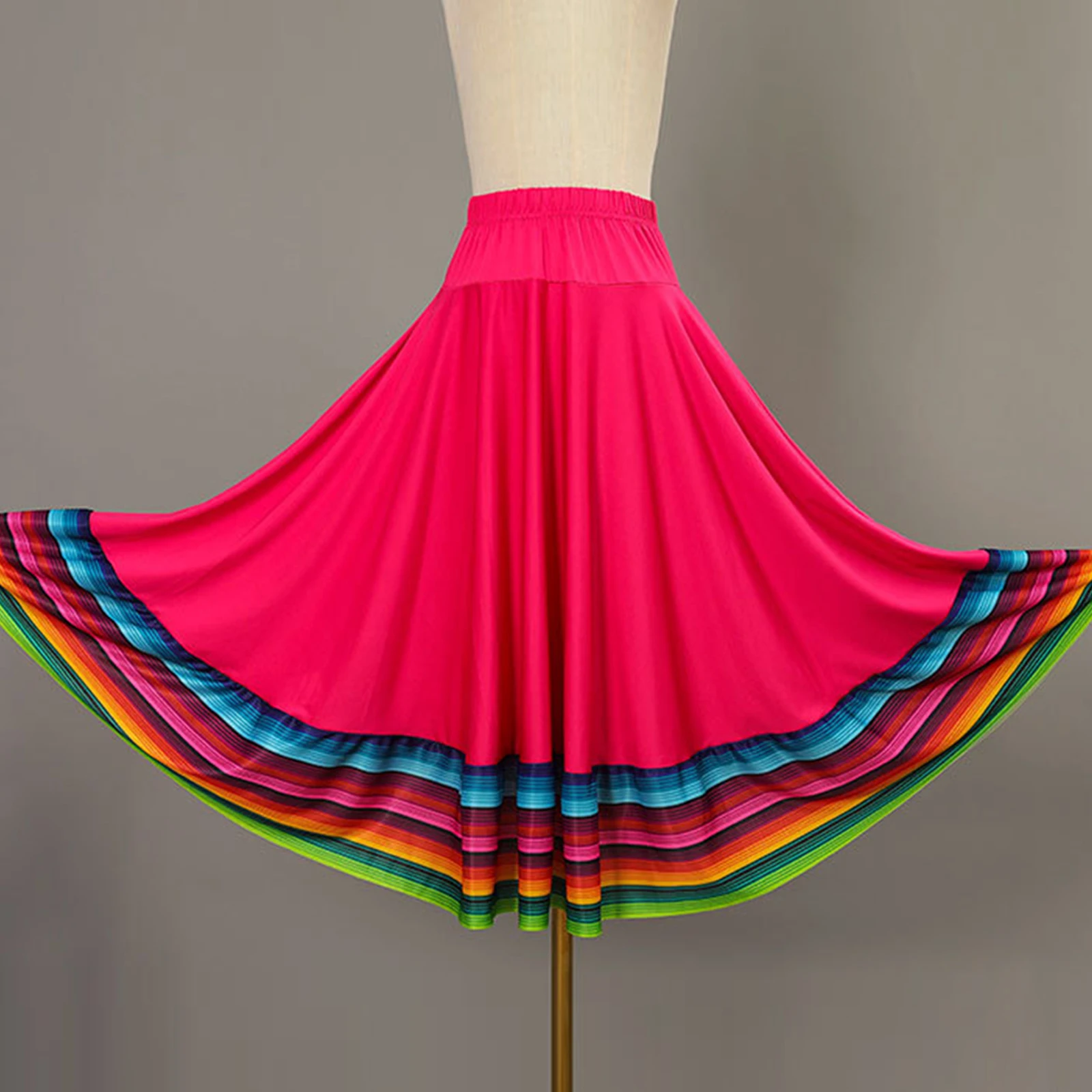 Womens Folklorico Dance Skirts Spanish Folkloric Mexican Flamenco Full Circle Performance Costume Colorful Stripe Hem Skirt
