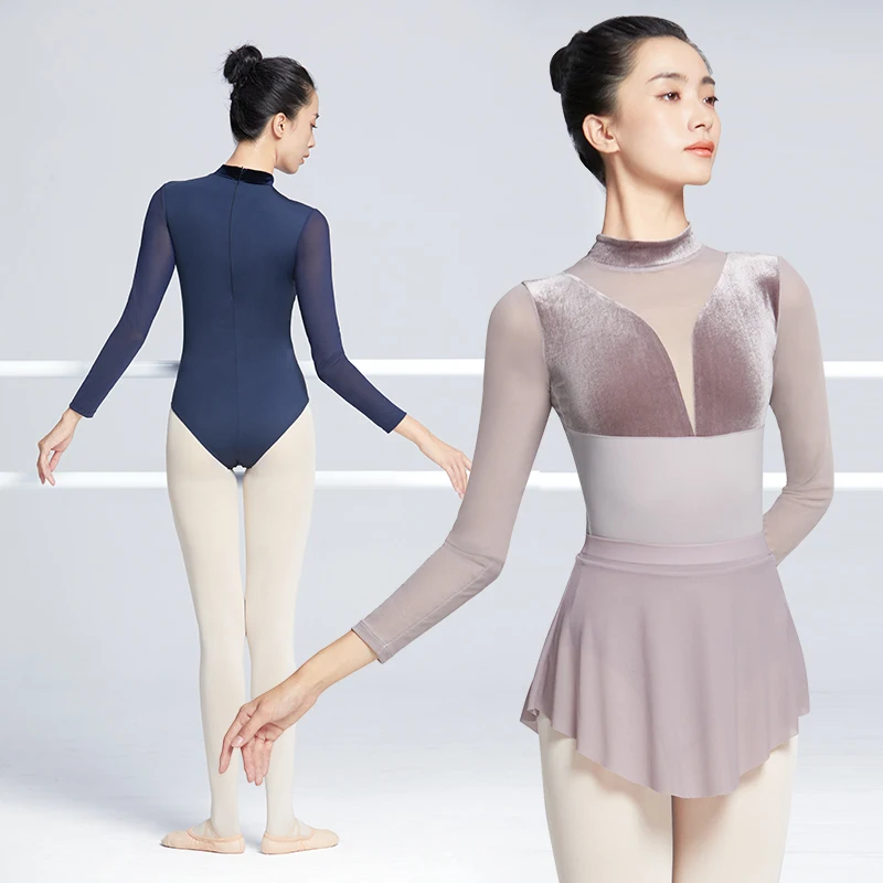 Ballet Leotards new for Women Veet 2025 Patchwork Mesh Gym Leotards Adult Ballerina Clothes Long Sleeve Stand Collar Dancing Bodysuit