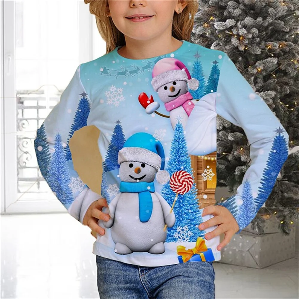 T-Shirt With Cats For Children Halloween Christmas Tree T Shirts Cat Snowman Girly Clothes From 6 To 14 Years White Kawaii Tees