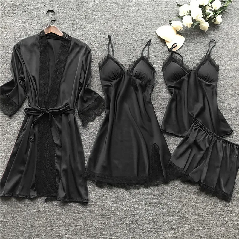 New Low Price Women Pajamas Sets Satin Sleepwear Silk 4 Pieces Nightwear Strap Lace Sleep Lounge Pajama With Chest Pads Drop