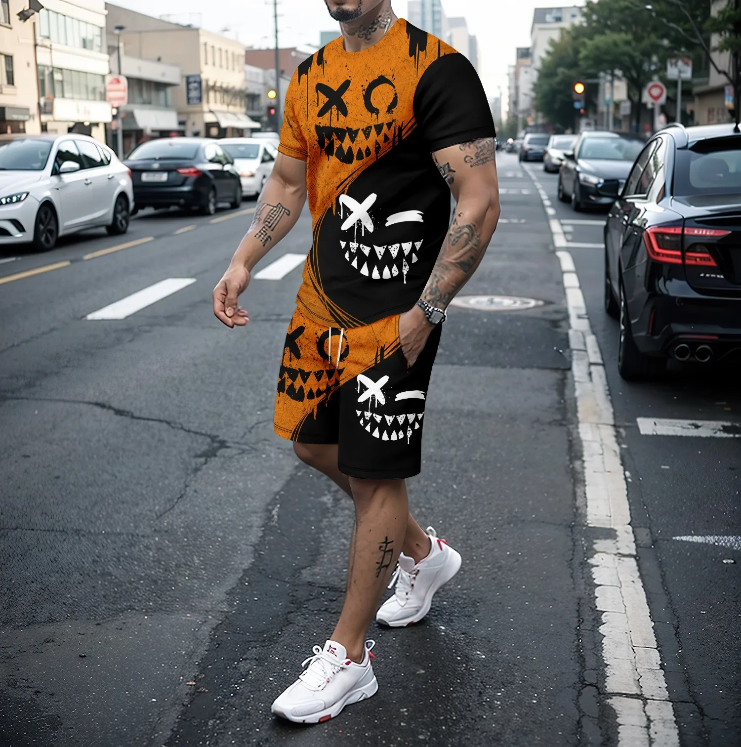 Summer round neck short sleeved T-shirt and shorts set men's 2-piece set 3D funny smiling face pattern casual street sportswear