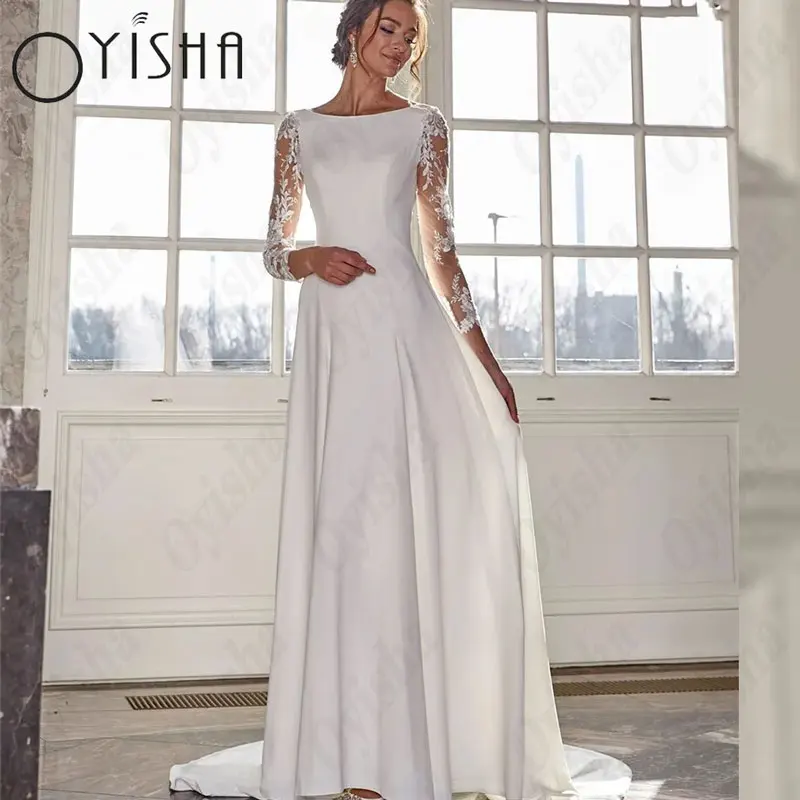 OYISHA Scoop A-Line Wedding Dresses Elegant Long Sleeves Satin Appliques Bridal Gowns Exquisite Lace Classic Vestido De Mariages