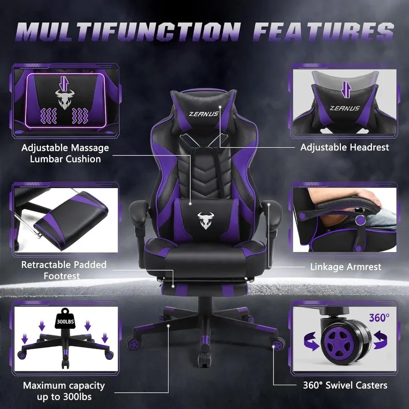 Zeanus Purple Gaming Chair Reclining Computer Chair with Footrest High Back Gamer Chair with Massage Large