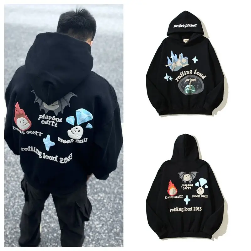 Europe and America High Street Retro Goth 3D Foaming Pattern Hoodie Men Y2k New Harajuku Hip Hop Popular Sweatshirt Unisex Tops