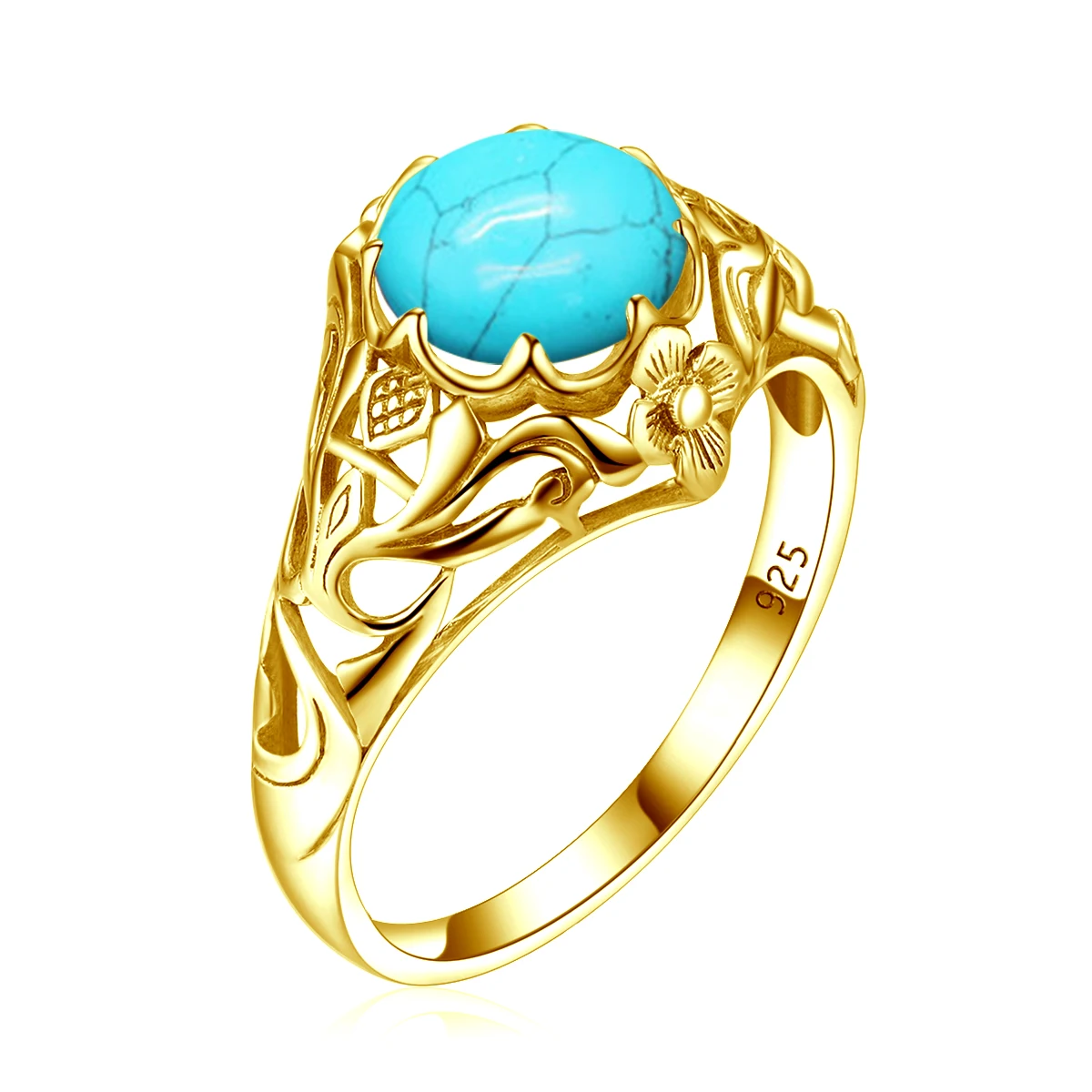 14K Gold Plated Jewelry Sets For Women Real 925 Sterling Silver Turquoise Gemstones Round Pendant Earrings Ring Set New