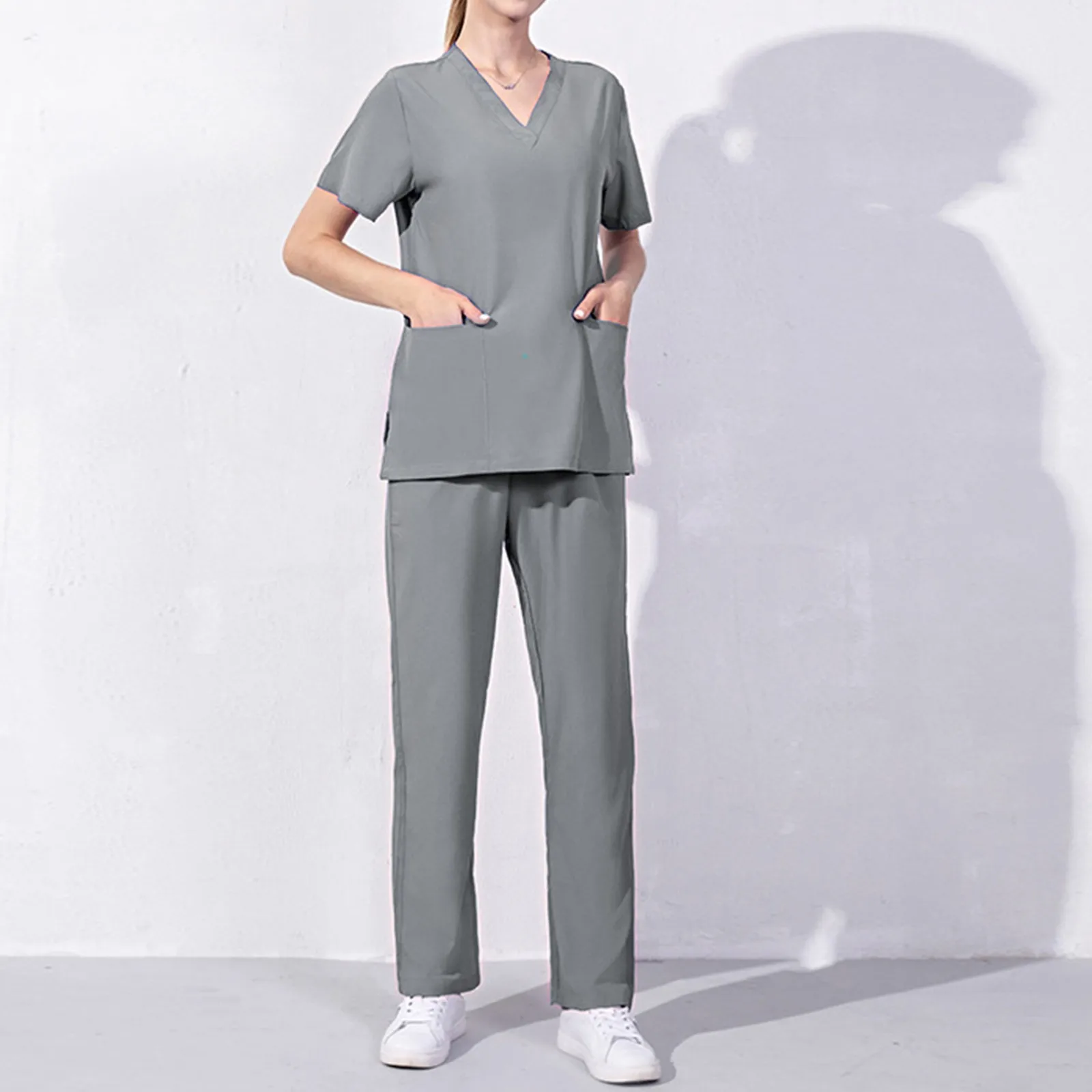 Scrub Uniform Tops Suit Two Piece Workwear Women Short Sleeve Nursed Working T Shirts Top With Pocket Long Pants Solid Color Set