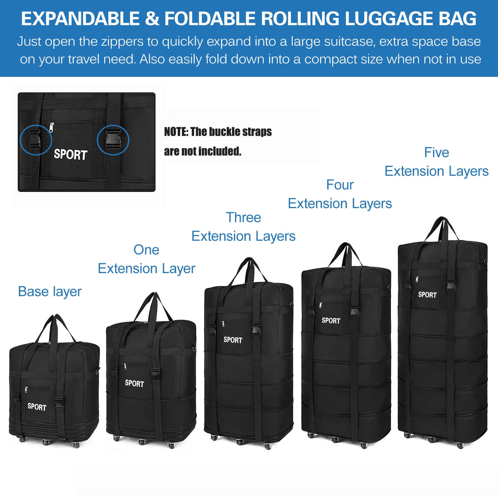 45inch Black Rolling Luggage With Wheels Unisex Expandable Folding Oxford Trolley Suitcase Travel Bag For Women Men Weekend Trip