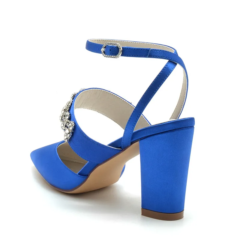 Satin Crystals Block Heels Wedding Shoes for Bride Pointed Toe Ankle Buckle Strap Prom 2025 Evening Bridal Party Heels new Pumps Women