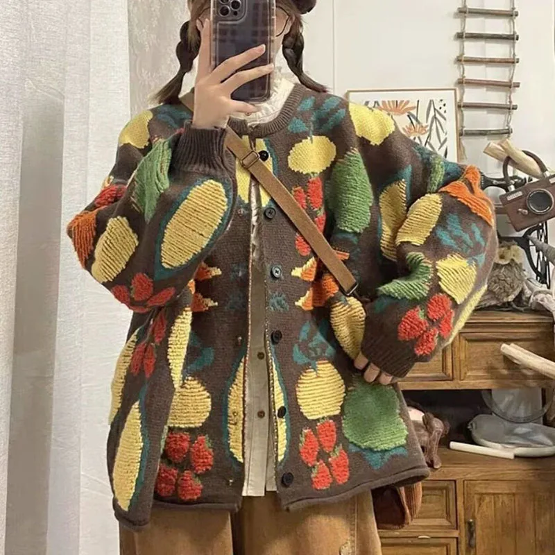 Autumn Vintage Knitwear Sweater Women Winter Thicken O Neck Women Sweater Coat Casual Outwear Cardigan Jacket Woman clothing