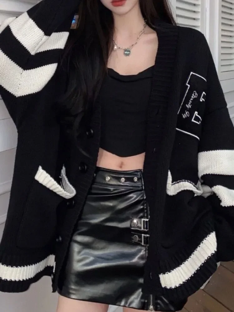 Deeptown Korean School Student Black Baggy Cardigan Women Preppy Style Oversized Loose Letter Embroidery Knitted Top 2023 Autumn