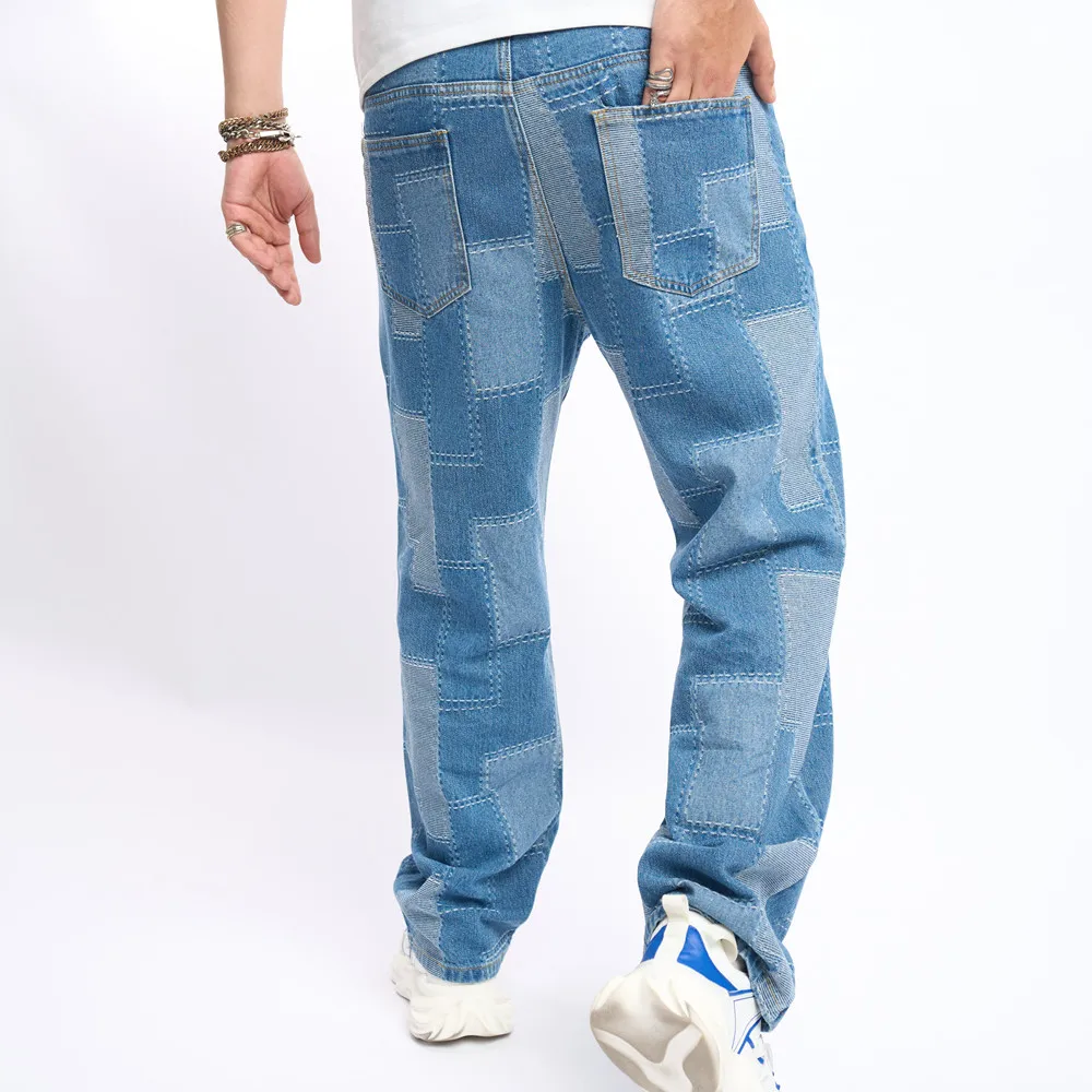 Men Loose Personalized Spliced Jeans High Quality Male Streetwear Straight Denim Pants