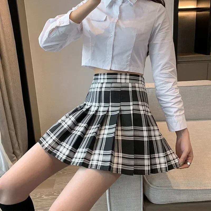 Plaid Women High Waist A- line College Style Half Skirt Inner Village Short Skirt Fresh Sweet Style Non-elastic Fiber
