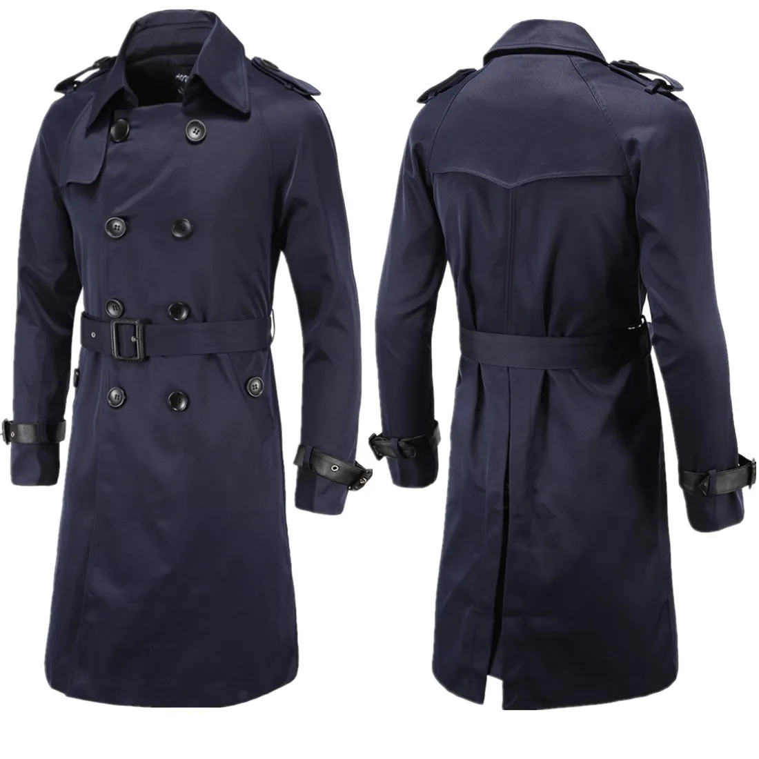Mens Spring Autumn Windbreak Overcoat Long Trench Coats with Belt Male Pea Coat Double Breasted Peacoat W03